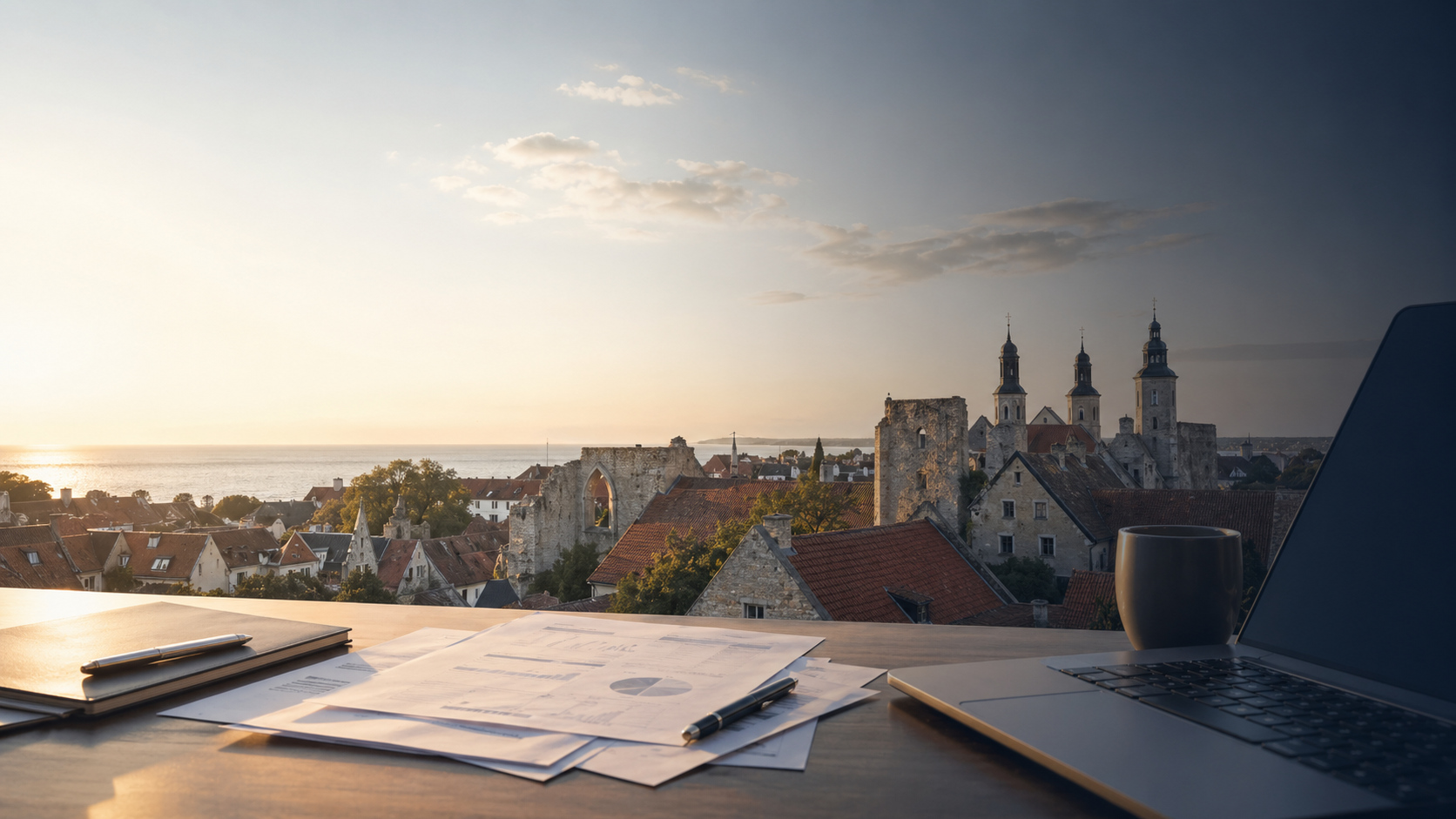 Visby i kvällsljus med ekonomidokument och laptop i förgrunden